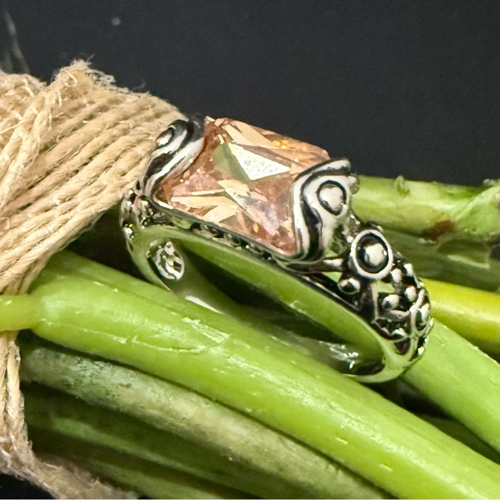 Unsigned Champagne CZ Silver-tone Ring Size 7